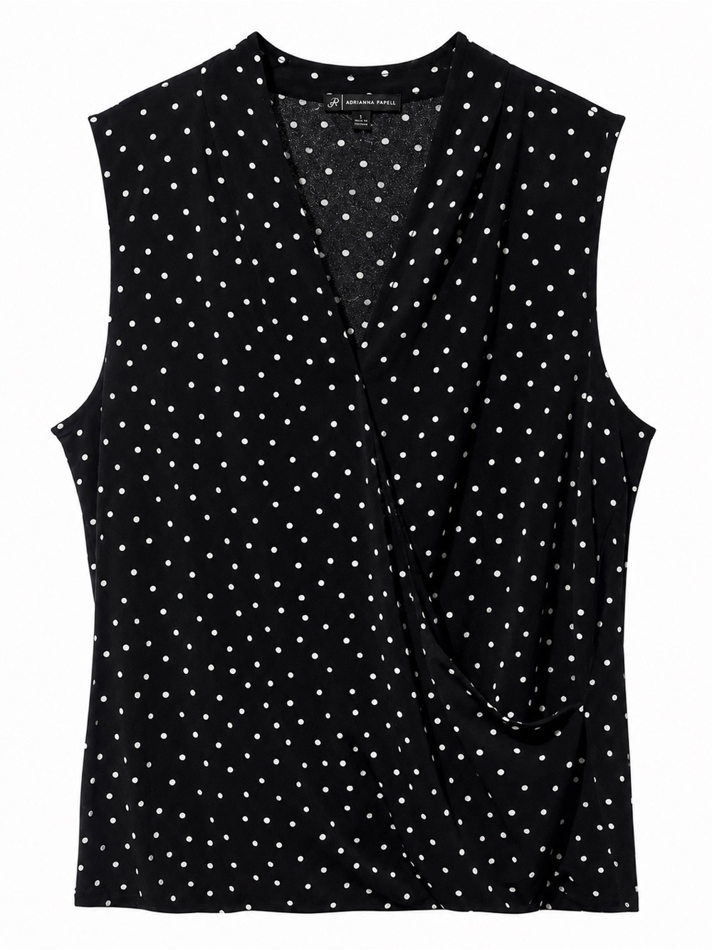 Adrianna Papell Black White Polka Dot Faux Wrap Sleeveless Blouse Top Large